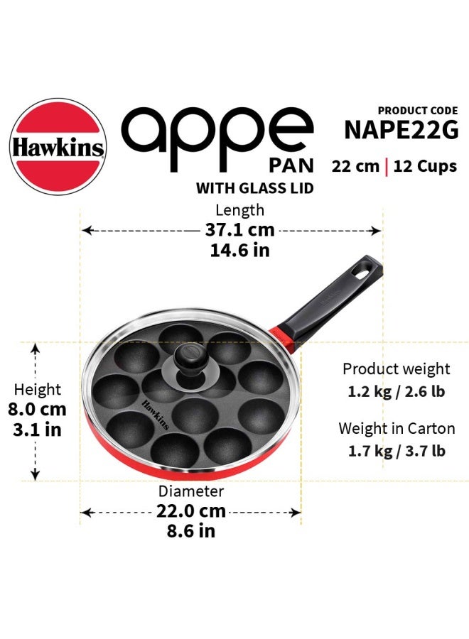 Hawkins 22 Cm Appe Pan  Non Stick Paniyaram Pan With Glass Lid  12 Cups Paniyarakkal Ceramic Pan  Litti Pan  Kuzhi Paniyaram Pan  Ponganalu Pan  Red  Nape22G