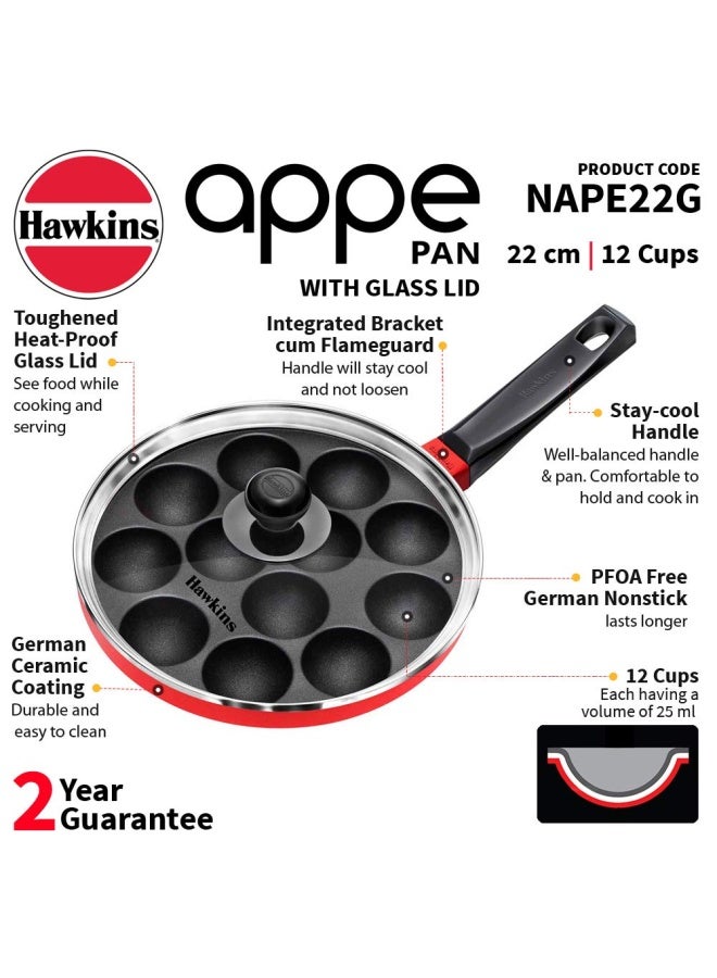 Hawkins 22 Cm Appe Pan  Non Stick Paniyaram Pan With Glass Lid  12 Cups Paniyarakkal Ceramic Pan  Litti Pan  Kuzhi Paniyaram Pan  Ponganalu Pan  Red  Nape22G