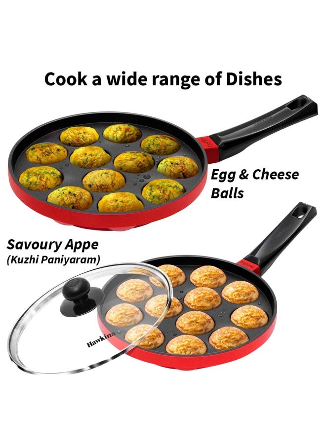 Hawkins 22 Cm Appe Pan  Non Stick Paniyaram Pan With Glass Lid  12 Cups Paniyarakkal Ceramic Pan  Litti Pan  Kuzhi Paniyaram Pan  Ponganalu Pan  Red  Nape22G