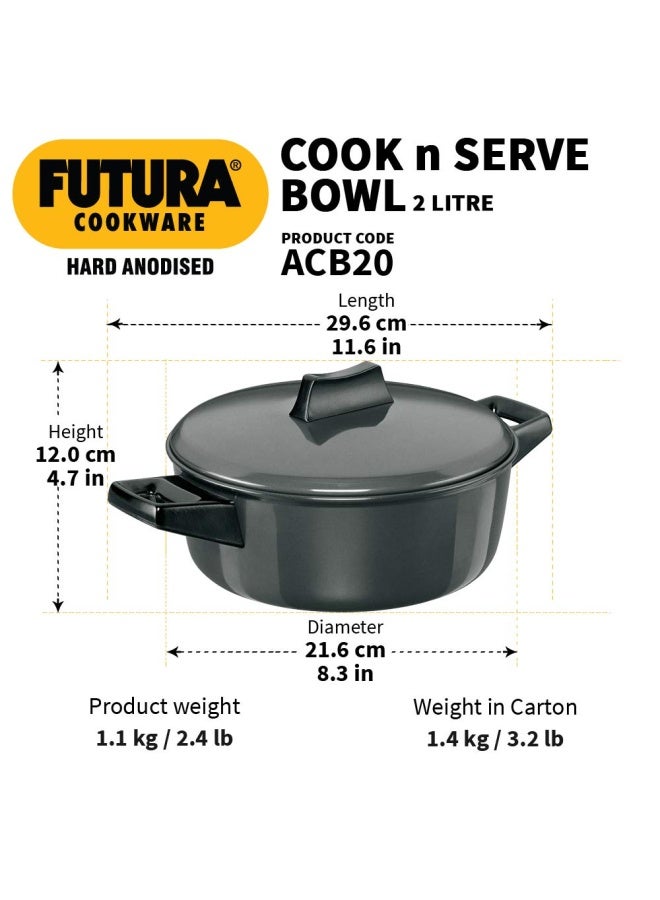 Hawkins Futura 2 Litre Cook N Serve Bowl  Hard Anodised Saucepan With Hard Anodised Lid  Sauce Pan For Cooking And Serving  Black  Acb20   Aluminium