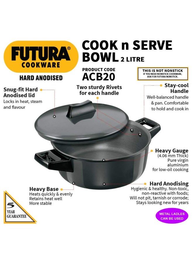 Hawkins Futura 2 Litre Cook N Serve Bowl  Hard Anodised Saucepan With Hard Anodised Lid  Sauce Pan For Cooking And Serving  Black  Acb20   Aluminium