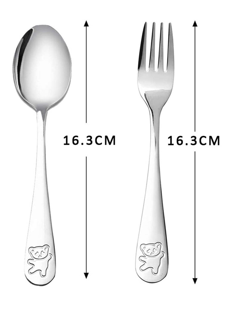 6 PCS Portable Utensils, Kids Silverware Stainless Steel Children's Safe Flatware Little Bear Child Spoon, Fork Toddler Utensils Metal Cutlery Set, 3 x Safe Forks, 3 x Children Tablespoons