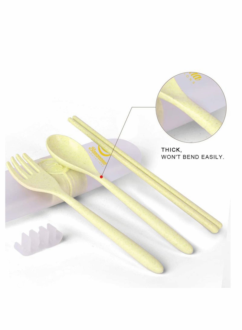 3PCS Travel Utensils, 4 sets Reusable Portable Cutlery Set, Natural Wheat Straw Chopstick Fork and Spoon Set Plastic Silverware with Carrying Case, for School, Office, kids, Adult (4 sets, 4 colors)