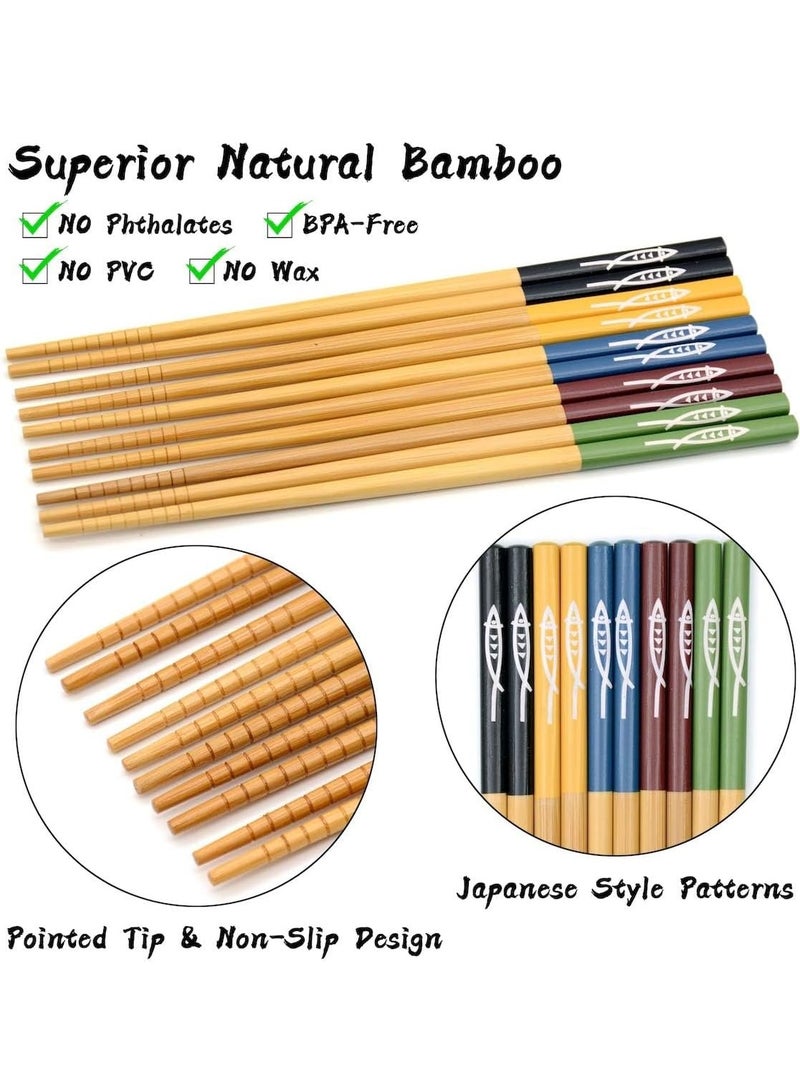 5 Pairs Reusable Chopsticks Set Lightweight Different Style Chop Sticks Utensils, Wooden Chinese Japanese Korean Chopsticks, Family Use Gift Set for Sushi, Noodles, Rice, Camping