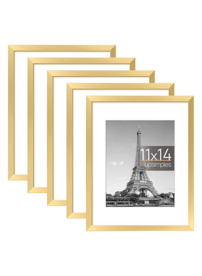 Upsimples 11X14 Picture Frame Set Of 5  Display Pictures 8X10 With Mat Or 11X14 Without Mat  Wall Gallery Photo Frames  Gold