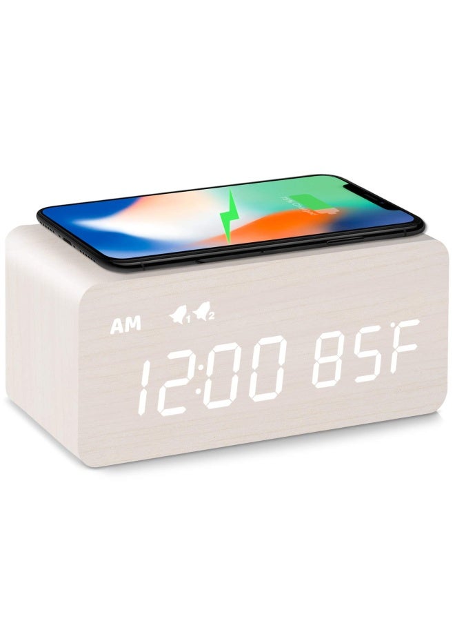 Mosito  Digital Wooden Alarm Clock with Wireless Charging  0-101  Dimmer  Dual Alarm  Weekday Weekend Mode  Snooze  Wood LED Clocks for Bedroom  Bedside  Desk  Kids  White