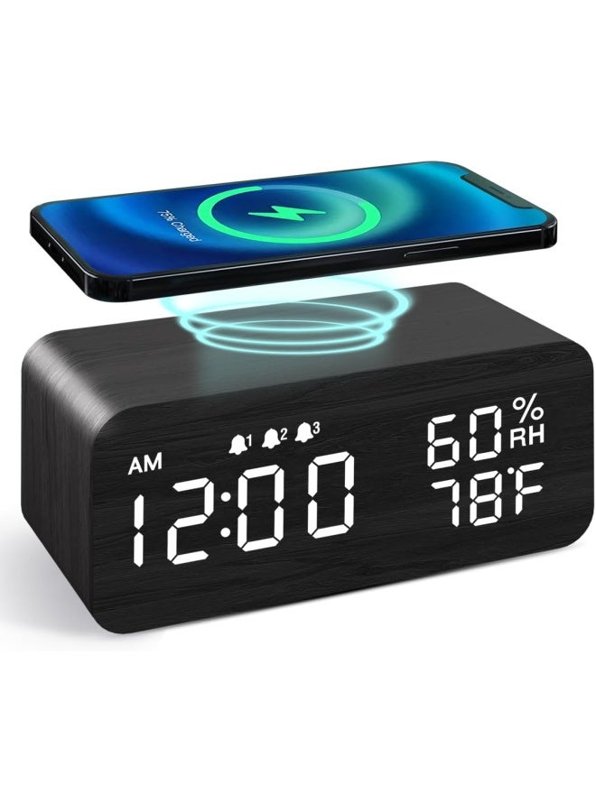 Jall Wooden Digital Alarm Clock With Wireless Charging, Dimmable, Adjustable Volume, 3 Alarms, Weekday/Weekend Mode, Snooze, Digital Clock For Bedroom, Bedside, Office (Black)