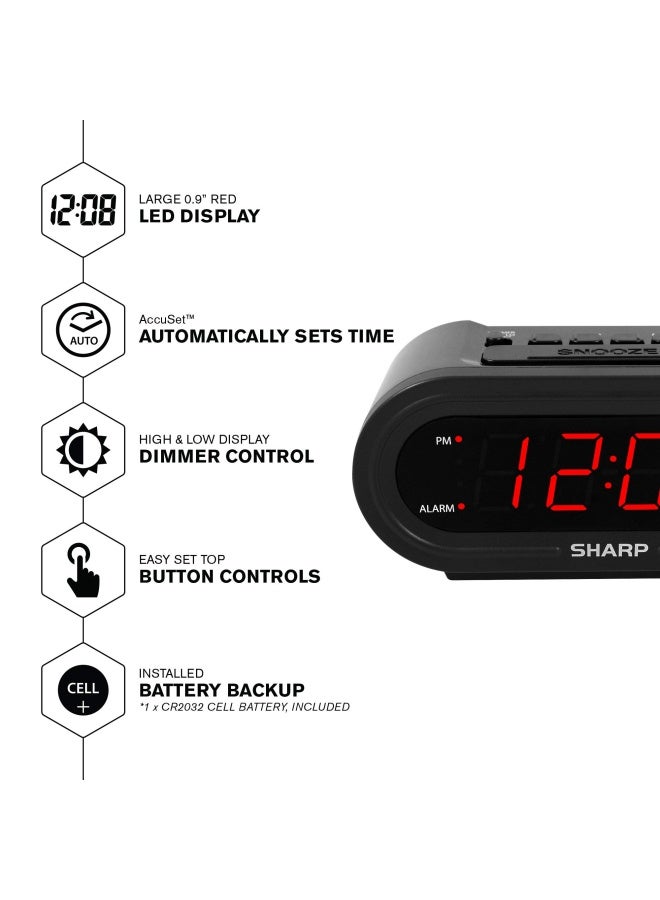 Digital Alarm with AccuSet - Automatic Smart Clock  Never Needs Setting - Great for Seniors  Kids  and Everyone who Doesn t Want to Set a Clock  Black Case with Red LEDs