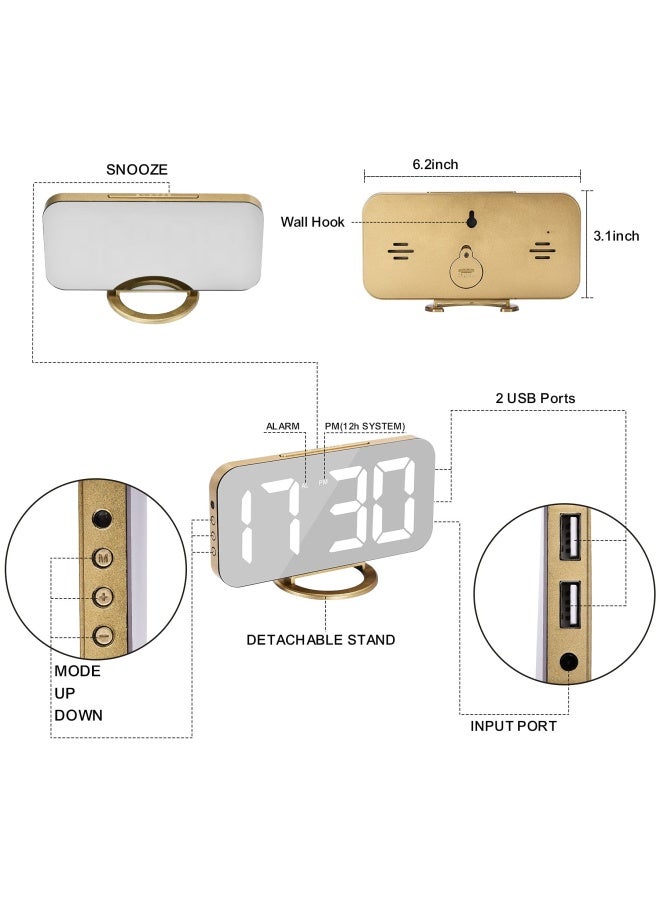 Digital Alarm Clock Led And Mirror Desk Clock Large Display With Dual Usb Charger Ports 3 Levels Brightness 12/24H Modern Electronic Clock For Bedroom Home Living Room Office Gold