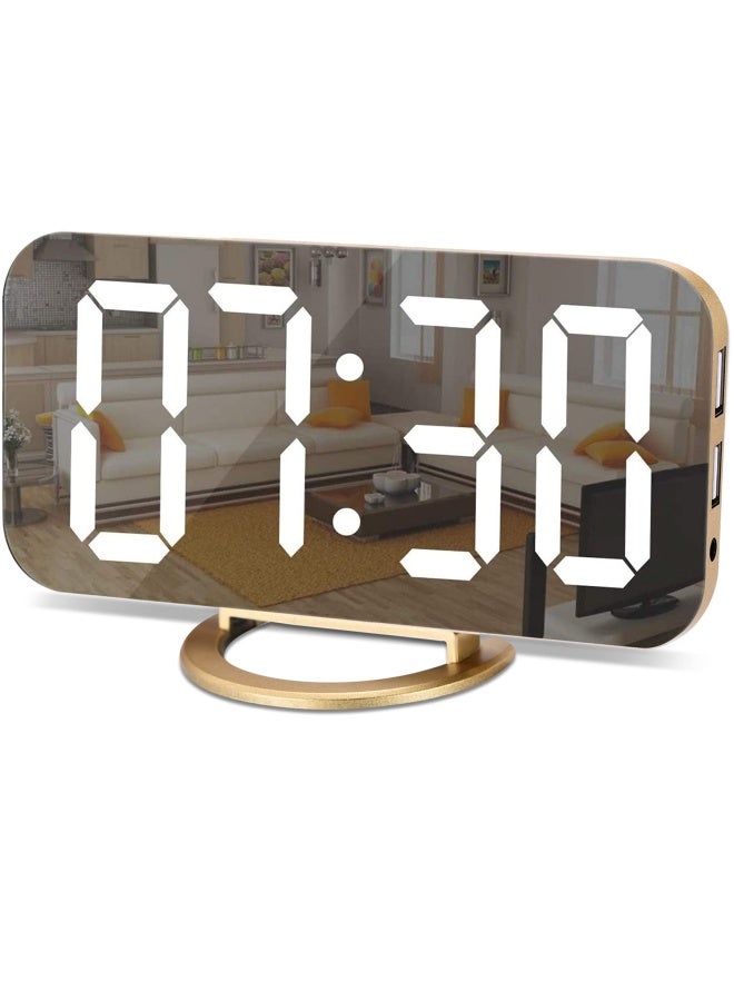 Digital Alarm Clock Led And Mirror Desk Clock Large Display With Dual Usb Charger Ports 3 Levels Brightness 12/24H Modern Electronic Clock For Bedroom Home Living Room Office Gold