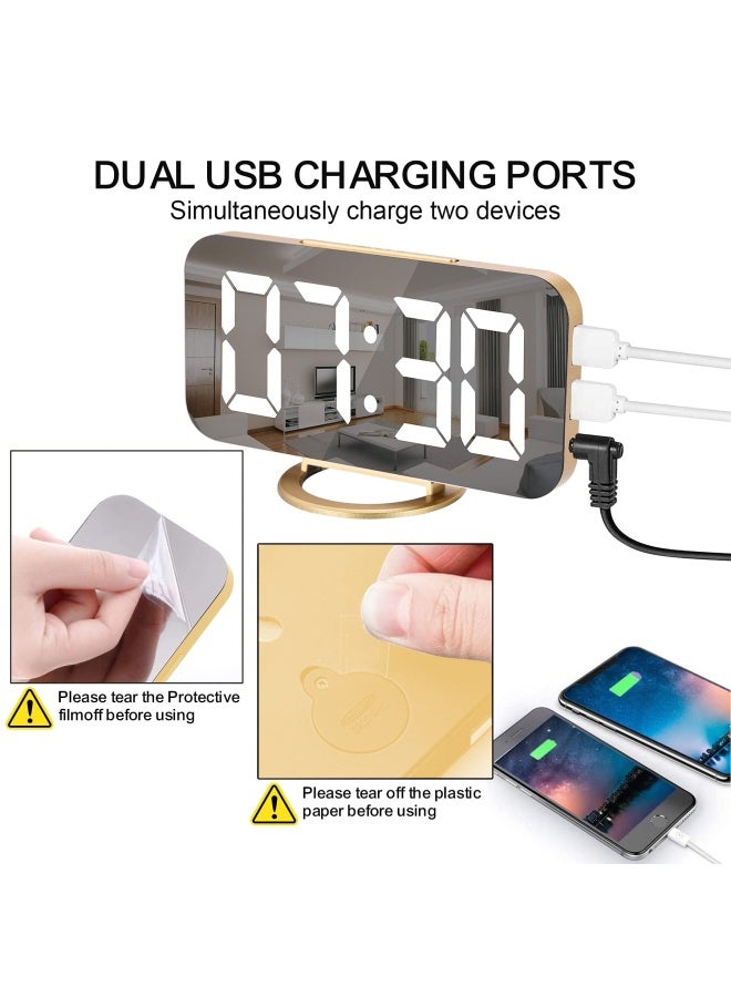 Digital Alarm Clock Led And Mirror Desk Clock Large Display With Dual Usb Charger Ports 3 Levels Brightness 12/24H Modern Electronic Clock For Bedroom Home Living Room Office Gold