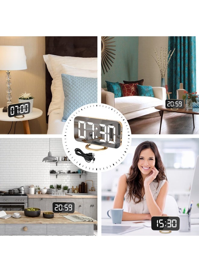 Digital Alarm Clock Led And Mirror Desk Clock Large Display With Dual Usb Charger Ports 3 Levels Brightness 12/24H Modern Electronic Clock For Bedroom Home Living Room Office Gold