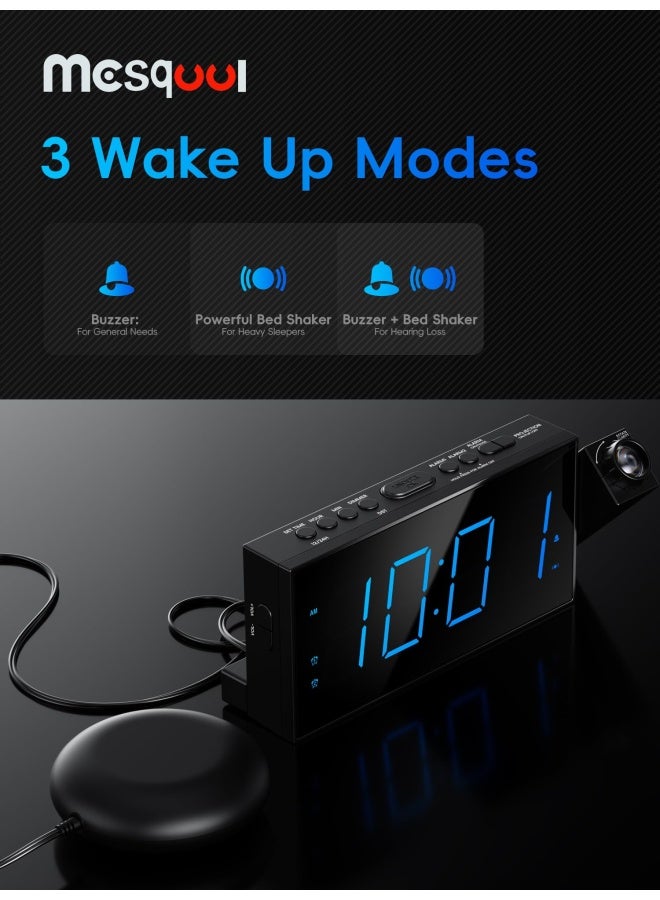 Projection Clock With Bed Shaker Alarm Loud Alarm Sound And Vibrating Projector Clock For Heavy Sleepers 7 Led Display And Dimmer 12 24H Dst Usb Charger Battery Backup For Bedrooms