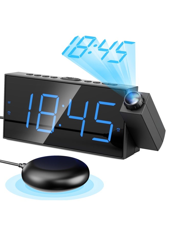 Projection Clock With Bed Shaker Alarm Loud Alarm Sound And Vibrating Projector Clock For Heavy Sleepers 7 Led Display And Dimmer 12 24H Dst Usb Charger Battery Backup For Bedrooms