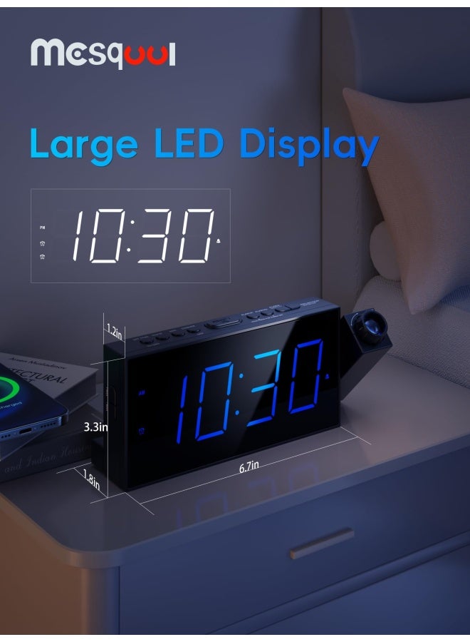 Projection Clock With Bed Shaker Alarm Loud Alarm Sound And Vibrating Projector Clock For Heavy Sleepers 7 Led Display And Dimmer 12 24H Dst Usb Charger Battery Backup For Bedrooms