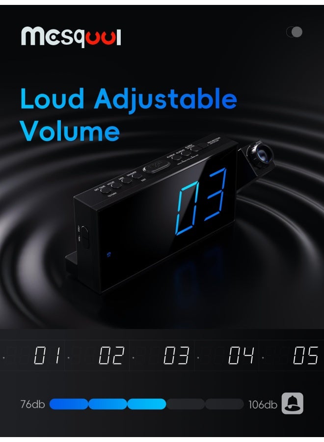 Projection Clock With Bed Shaker Alarm Loud Alarm Sound And Vibrating Projector Clock For Heavy Sleepers 7 Led Display And Dimmer 12 24H Dst Usb Charger Battery Backup For Bedrooms