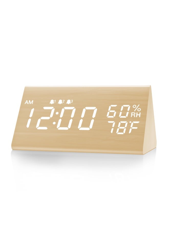 Digital Alarm Clock With Wooden Electronic Led Time Display 3 Alarm Settings Humidity And Temperature Detect Wood Made Electric Clocks For Bedroom Bedside Yellow