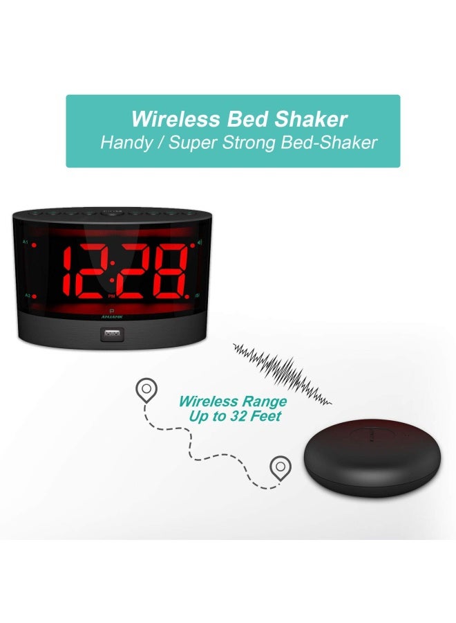 Extra Loud Alarm Clock With Wireless Bed Shaker Vibrating Dual Alarm For Heavy Sleepers Deaf And Hearing-Impaired Adjustable Volume Dimmer Wake Up Mode Usb Charger Port