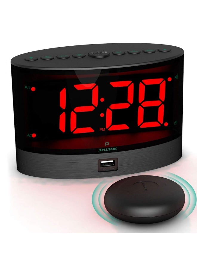 Extra Loud Alarm Clock With Wireless Bed Shaker Vibrating Dual Alarm For Heavy Sleepers Deaf And Hearing-Impaired Adjustable Volume Dimmer Wake Up Mode Usb Charger Port