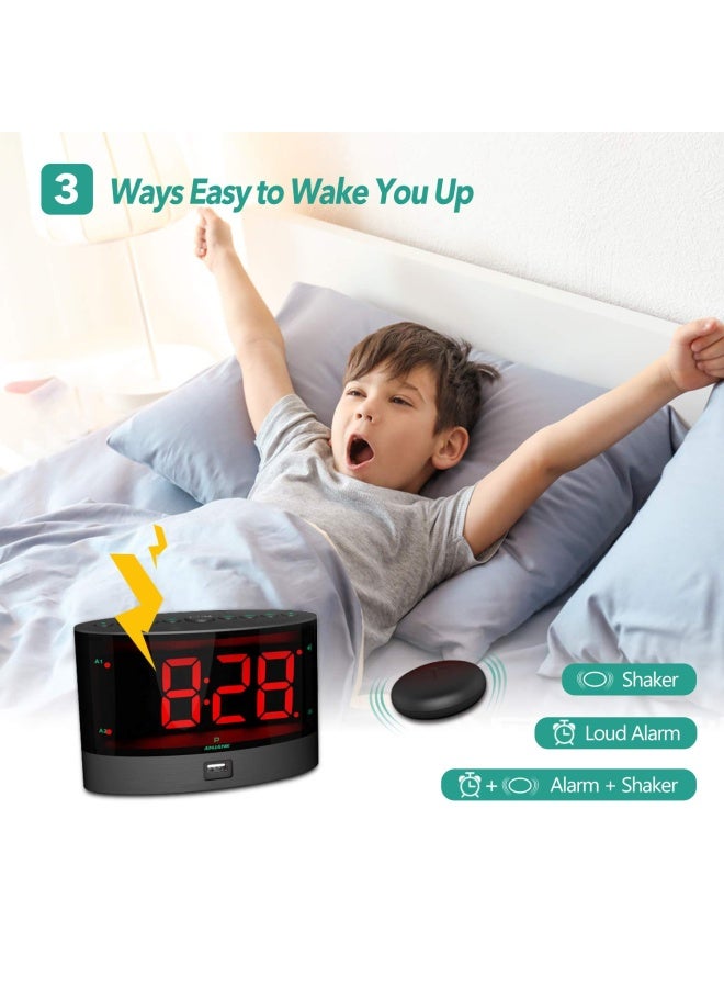 Extra Loud Alarm Clock With Wireless Bed Shaker Vibrating Dual Alarm For Heavy Sleepers Deaf And Hearing-Impaired Adjustable Volume Dimmer Wake Up Mode Usb Charger Port