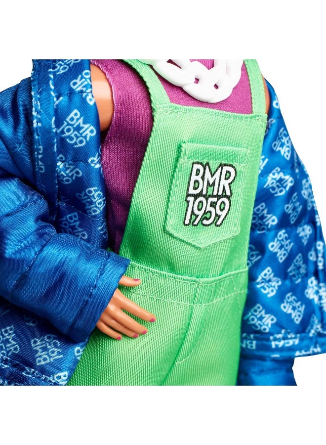Barbie GHT96 BMR1959 Ken Fully Poseable Fashion Doll with Neon Hair, in Neon Overalls and Puffer Jacket with Accessories and Doll Stand