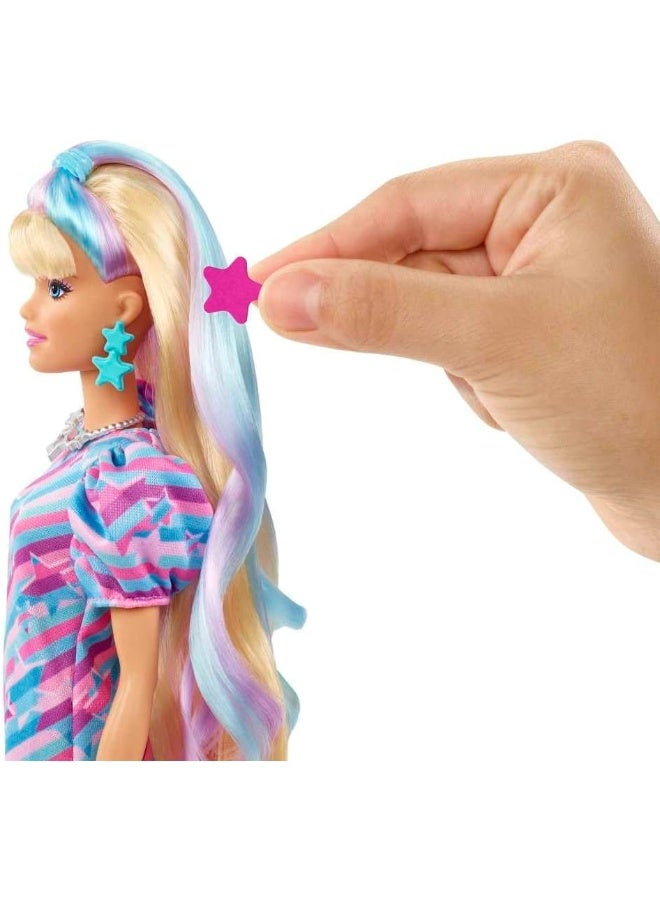 Barbie Totally Hair Star-Themed Doll, 8.5 inch Fantasy Hair, Dress, 15 Accessories