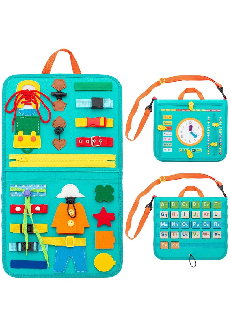 Busy Board, 27 in 1 DIY Portable Felt Dressing Button Learning Board Early Educational Sensory Brain Toys for 1 2 3 4 Years Old Boys Girls Preschoolers(Green)