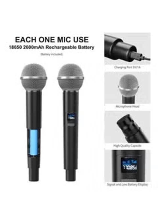 Wireless Microphone UHF Dual Portable Handheld Dynamic Karaoke Mic with Rechargeable Receiver Cordless Karaoke System for PA System Speaker Amplifier Family Party Singing Meeting