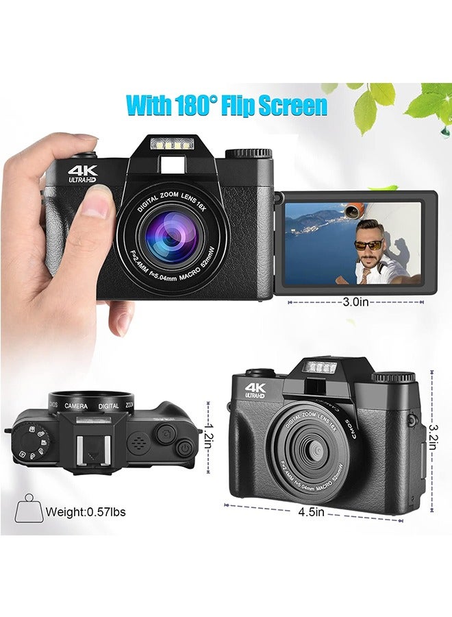 4K Digital Camera for Photography and Video,Autofocus 16X 48MP HD Vlogging Camera for YouTube with WiFi Anti-Shake Compact Vedio Camera with 3