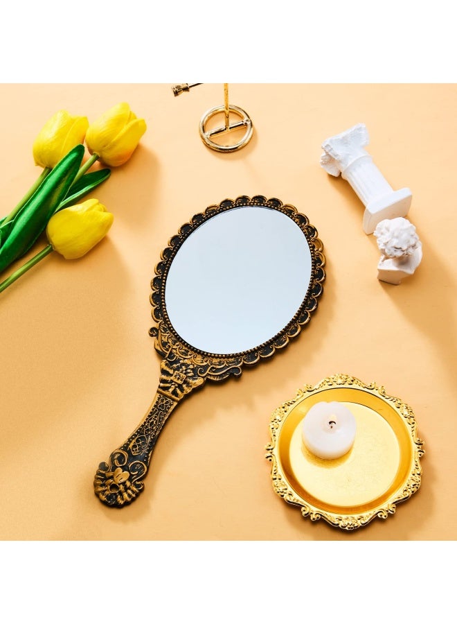 2 Pieces Vintage Handheld Mirror Portable Embossed Flower Mirror Hand Held Decorative Mirrors Compact Mirror With Handle For Face Makeup Travel Personal Cosmetic Salon Mirror Black Bronze