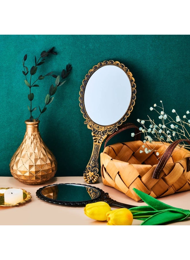 2 Pieces Vintage Handheld Mirror Portable Embossed Flower Mirror Hand Held Decorative Mirrors Compact Mirror With Handle For Face Makeup Travel Personal Cosmetic Salon Mirror Black Bronze