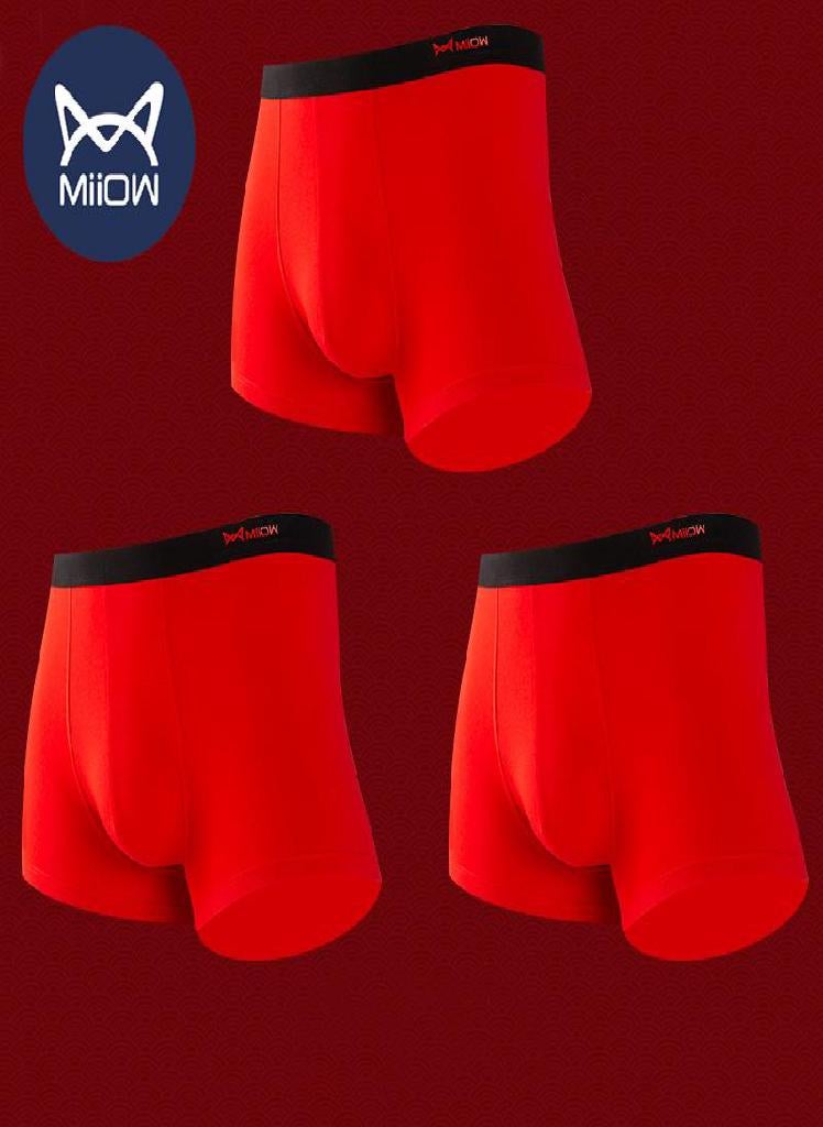 3Pcs Men's Underwear Boxer Red Pure  Cotton Antibacterial Boxer Underwear