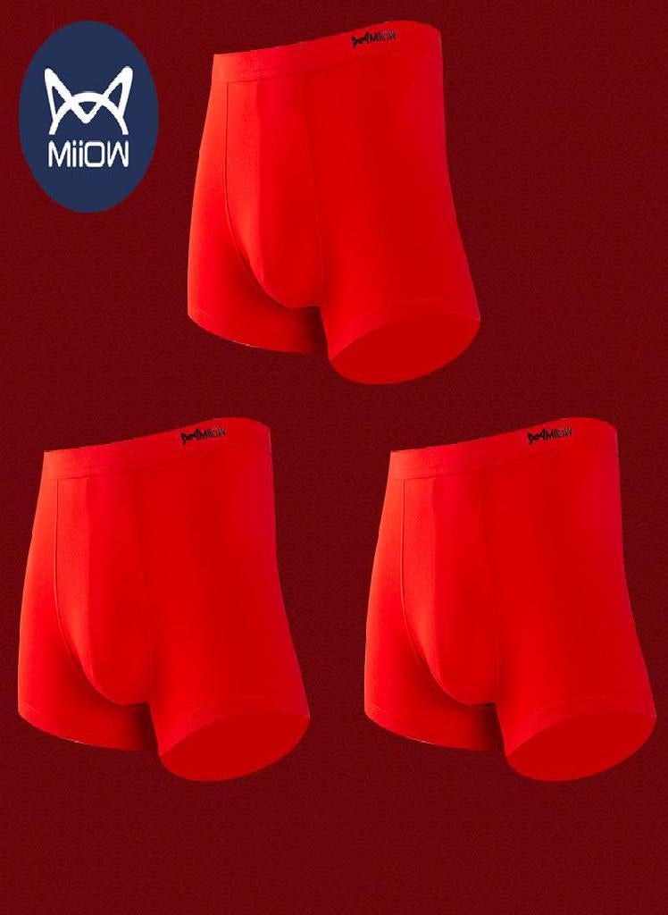 3Pcs Men's Underwear Boxer Red Pure  Cotton Antibacterial Boxer Underwear