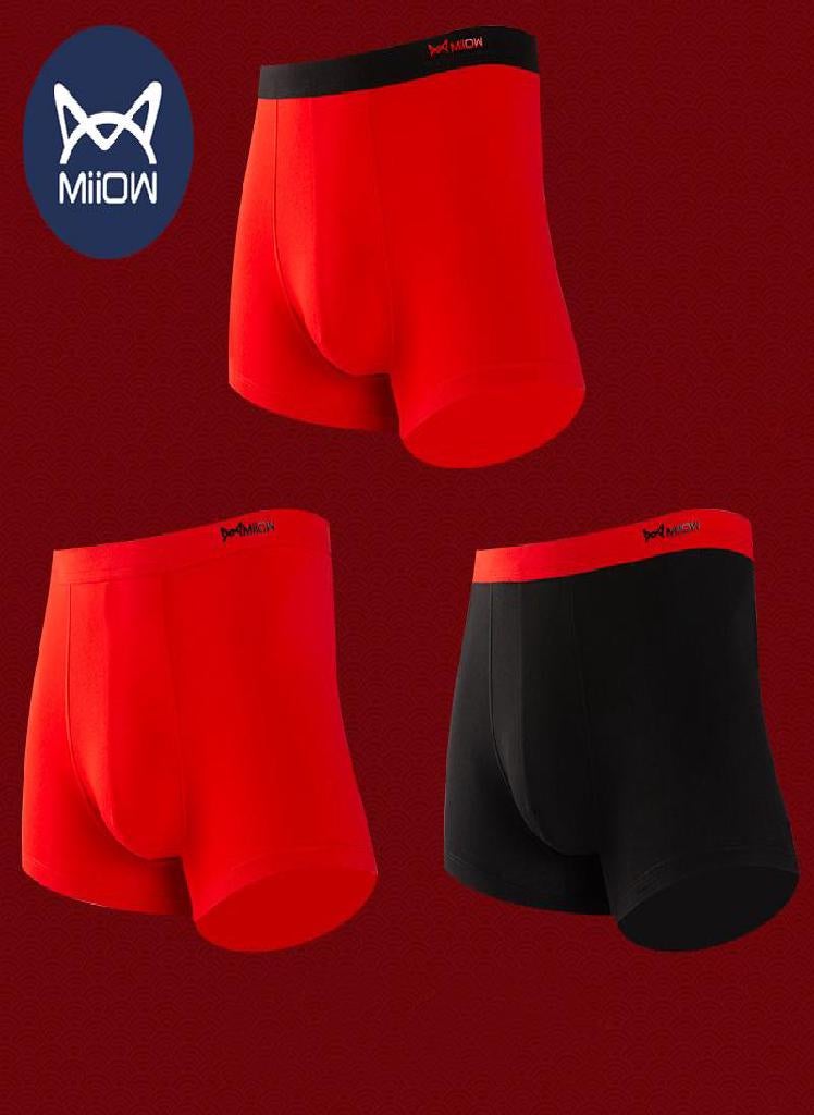 3Pcs Men's Underwear Boxer Red Pure  Cotton Antibacterial Boxer Underwear
