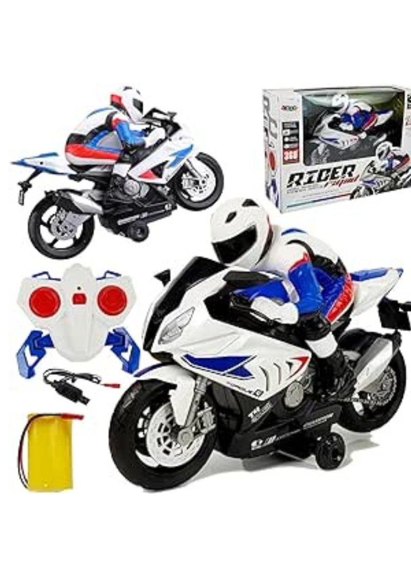 Remote controlled off-road motorcycle, 360° Spinning Action Rotating Drift Stunt Motorbike Vehicle, Light & Music 2.4Ghz Radio Control, Motorcycle with Riding Figure Toys for Kids Boys