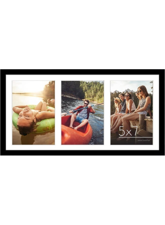 8x16 Collage Picture Frame in Black - Displays Three 5x7 Frame Openings - Engineered Wood Panoramic Picture Frame with Shatter Resistant Glass Hanging Hardware and Easel