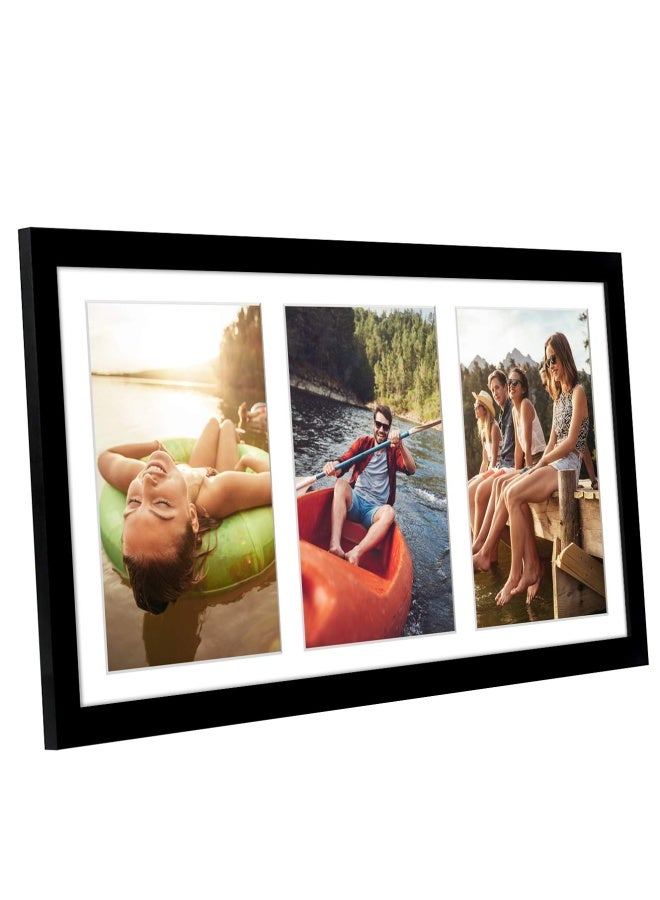 8x16 Collage Picture Frame in Black - Displays Three 5x7 Frame Openings - Engineered Wood Panoramic Picture Frame with Shatter Resistant Glass Hanging Hardware and Easel