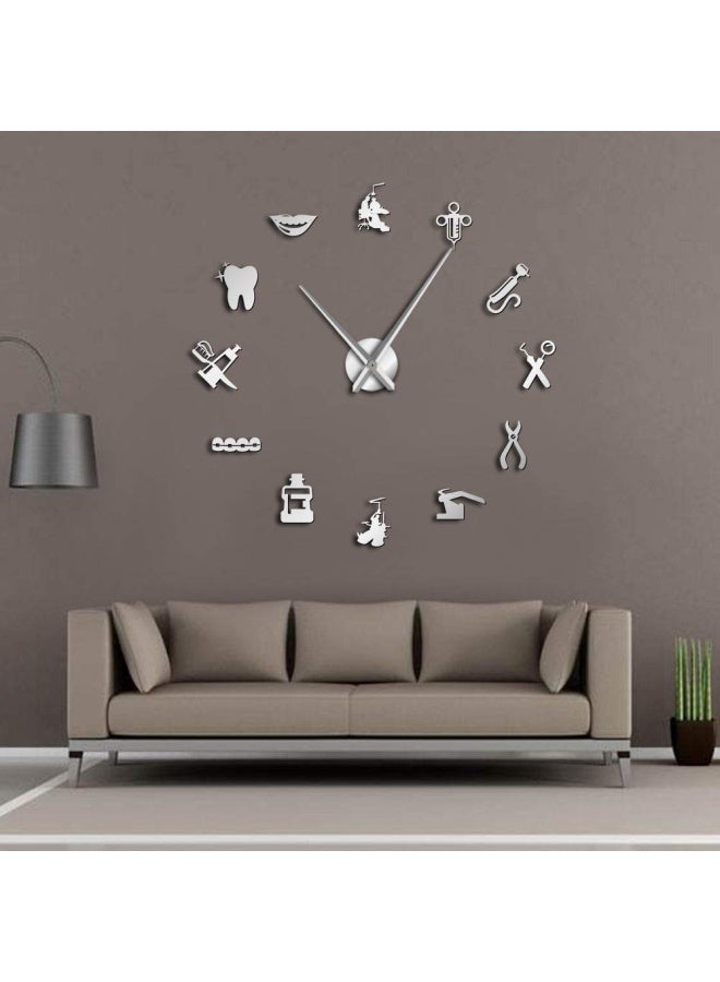 The Geeky Days  Dentist Sign Giant Diy Large Wall Clock With Mirror Effect Wall Art Home D Cor Frameless Big Time Clock Watch Silver