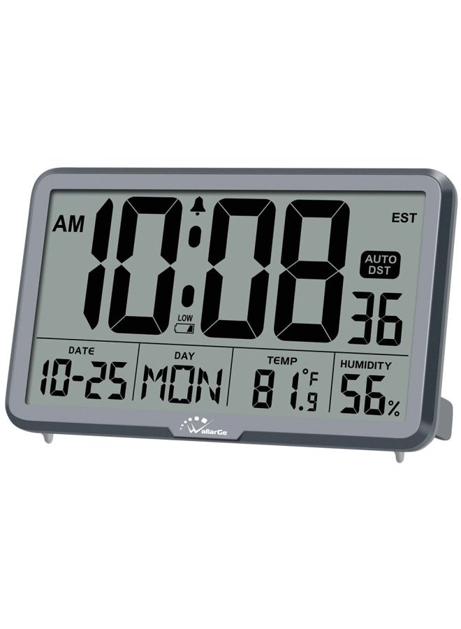 Wallarge  Auto Digital Wall Clock With Temp Humidity Date Alarm - For Elderly Office 8 Time Zones Auto Dst