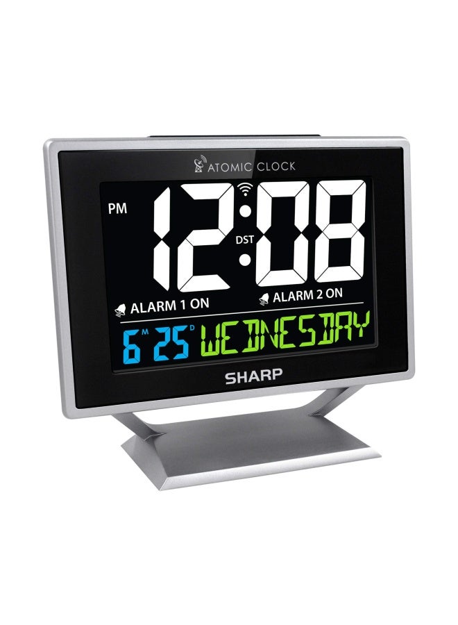 Atomic Desktop Clock With Color Display - Atomic Accuracy - Easy To Read Screen With Calendar And Day Of Week Time Date Display - Auto Set Digital Dual Alarm Clock - Perfect For Nightstand Or Desk