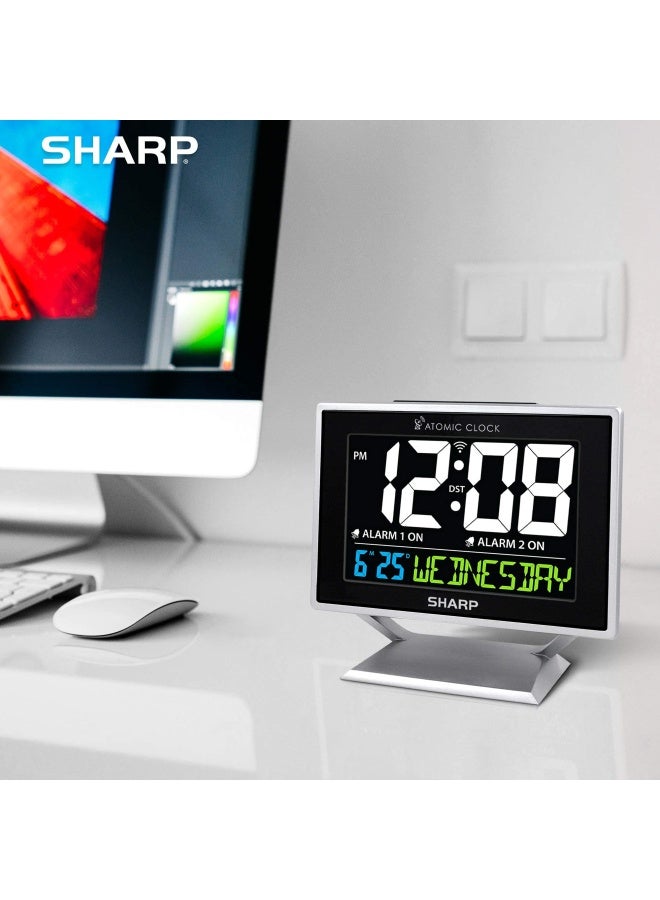 Atomic Desktop Clock With Color Display - Atomic Accuracy - Easy To Read Screen With Calendar And Day Of Week Time Date Display - Auto Set Digital Dual Alarm Clock - Perfect For Nightstand Or Desk