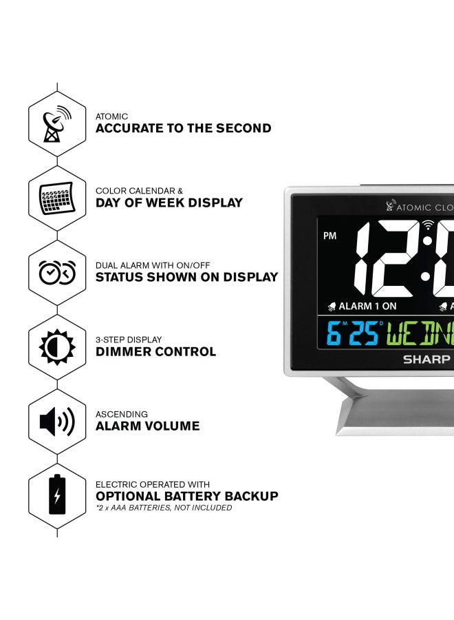 Atomic Desktop Clock With Color Display - Atomic Accuracy - Easy To Read Screen With Calendar And Day Of Week Time Date Display - Auto Set Digital Dual Alarm Clock - Perfect For Nightstand Or Desk