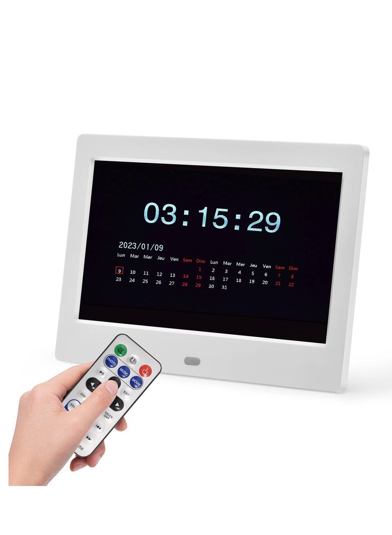 7'' HD Digital Alarm Clock with Custom Alarms, Calendar, and Digital Photo Frame - Large Display for Day and Date, Perfect for Home or Office Use.