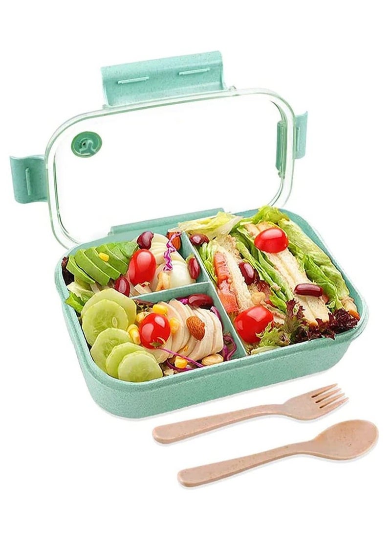 Bento Lunch Boxes, 3 Compartment Bento Box with Fork and Spoon, Leak Proof Bento Box Microwave Safe, Wheat Straw Bento Lunch Containers BPA Free, Bento Box for Kids Adults (Green)