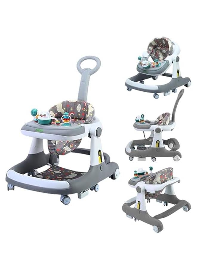 Baby Walker with Adjustable Height Removable Footrest, Foldable Baby Walkers with Wheels and Baby Activity Center with Music Toys Tray,Crotch 5-Gear Height Adjustable for Toddler 6-24 Months (Grey)