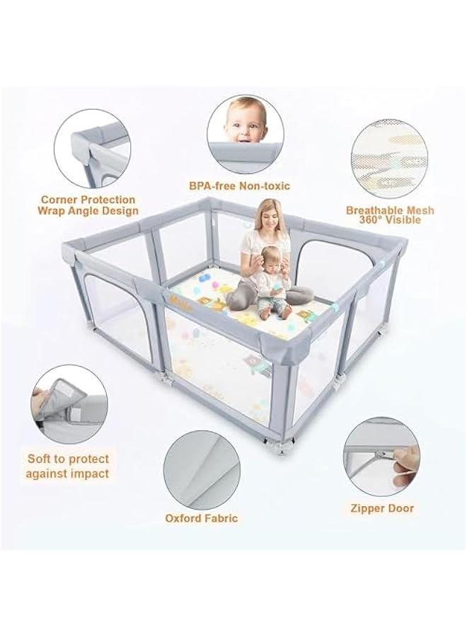 Baby Playpen, 150 x 180 x 68cm Large Playpen for Baby and Toddlers, Large Playard, Anti-Collision Foam Playpens with Breathable Mesh for Babies, Children's Fences Packable & Portable - Grey