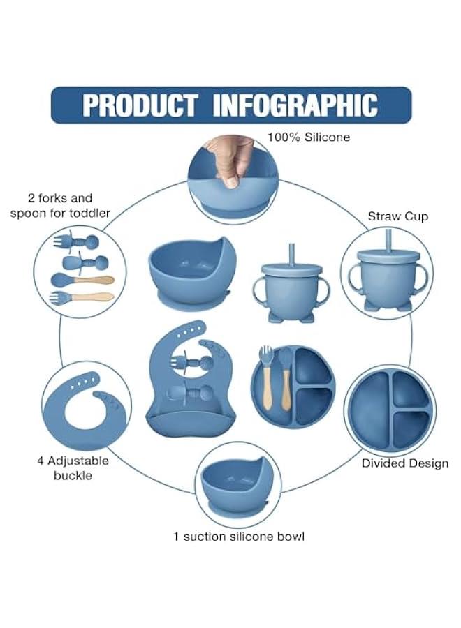 Silicone Baby Feeding Set, Baby Led Weaning Supplies with Suction Bowl Divided Plate, Toddler Self Feeding Dish Set with Spoons Forks Sippy Cup Adjustable Bib, Baby Eating Utensils(10 Pieces)