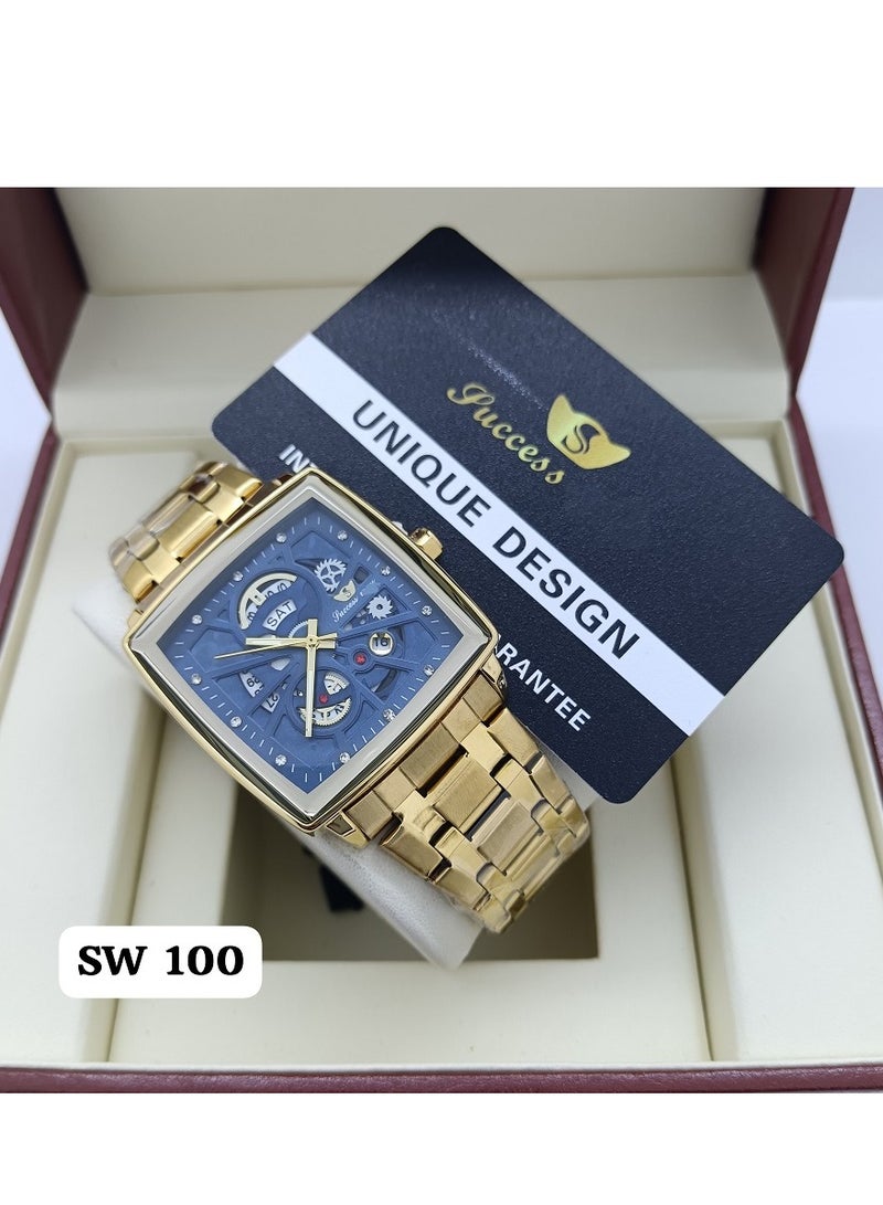 Men's Digital Electronic Quartz Watch Golden with Blue Dail