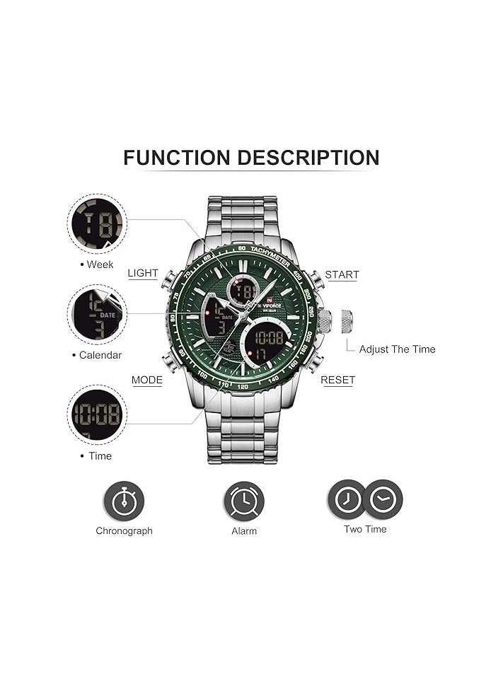 NAVIFORCE Luxury Stainless Steel Analog Digital Watch Waterproof Sports Quartz Multifunctional Wristwatch with Stopwatch Alarm LED Backlight