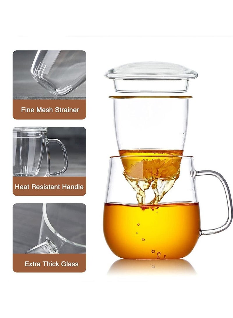 Glass Tea Cup with Infuser and Lid, 17.6 ounce Glass Tea Cups with Strainer, Loose Leaf Tea Cup Mug for One, Lead-free Borosilicate Glass Teacups, Clear Teacup for Loose Leaf Tea